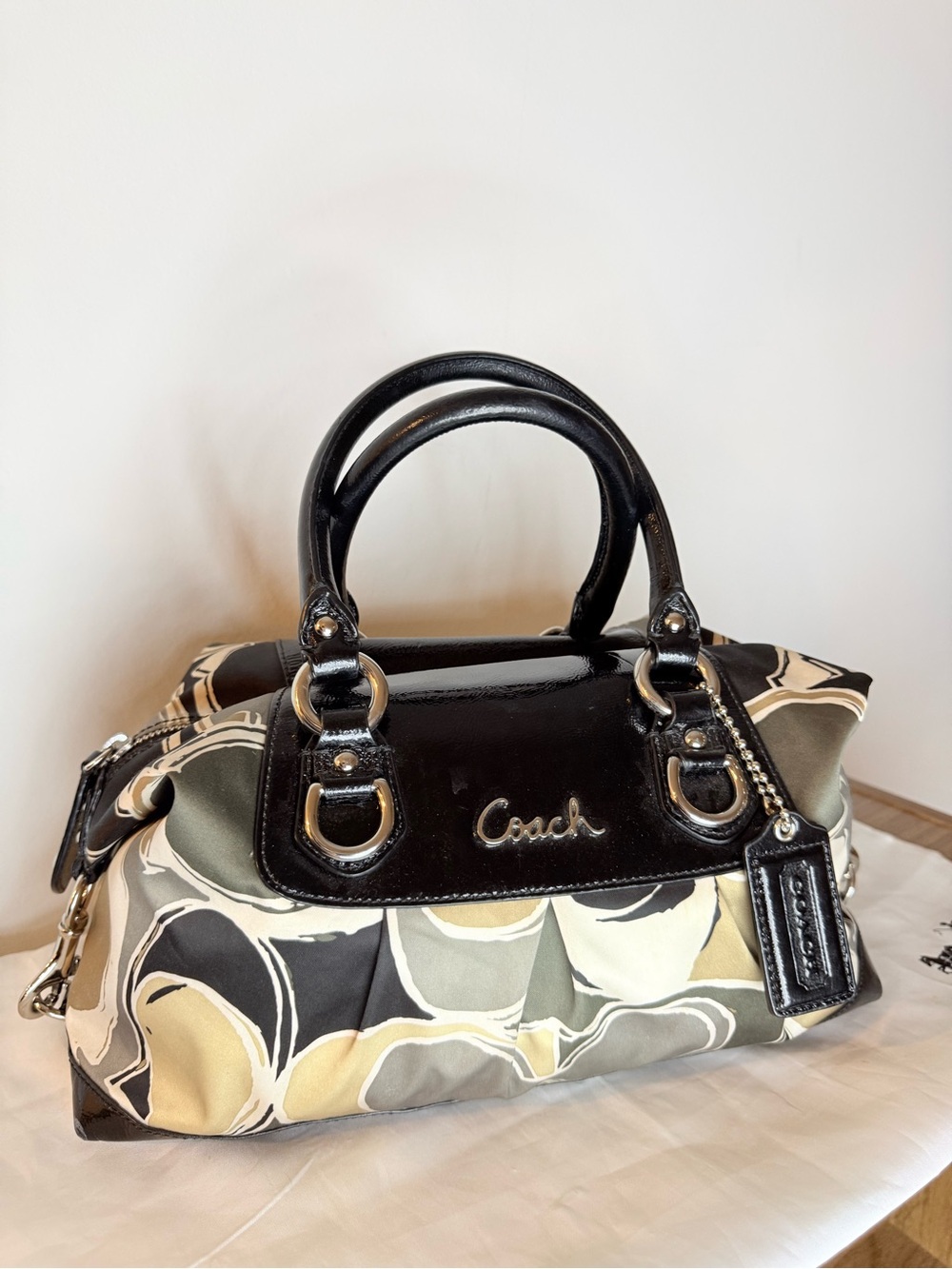 Coach (2011) Ashley Scarf Print Satin Satchel Bag- Black